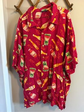 Vintage Hot Sauce Bottle Print Red Rayon Short Sleeve Shirt XXL